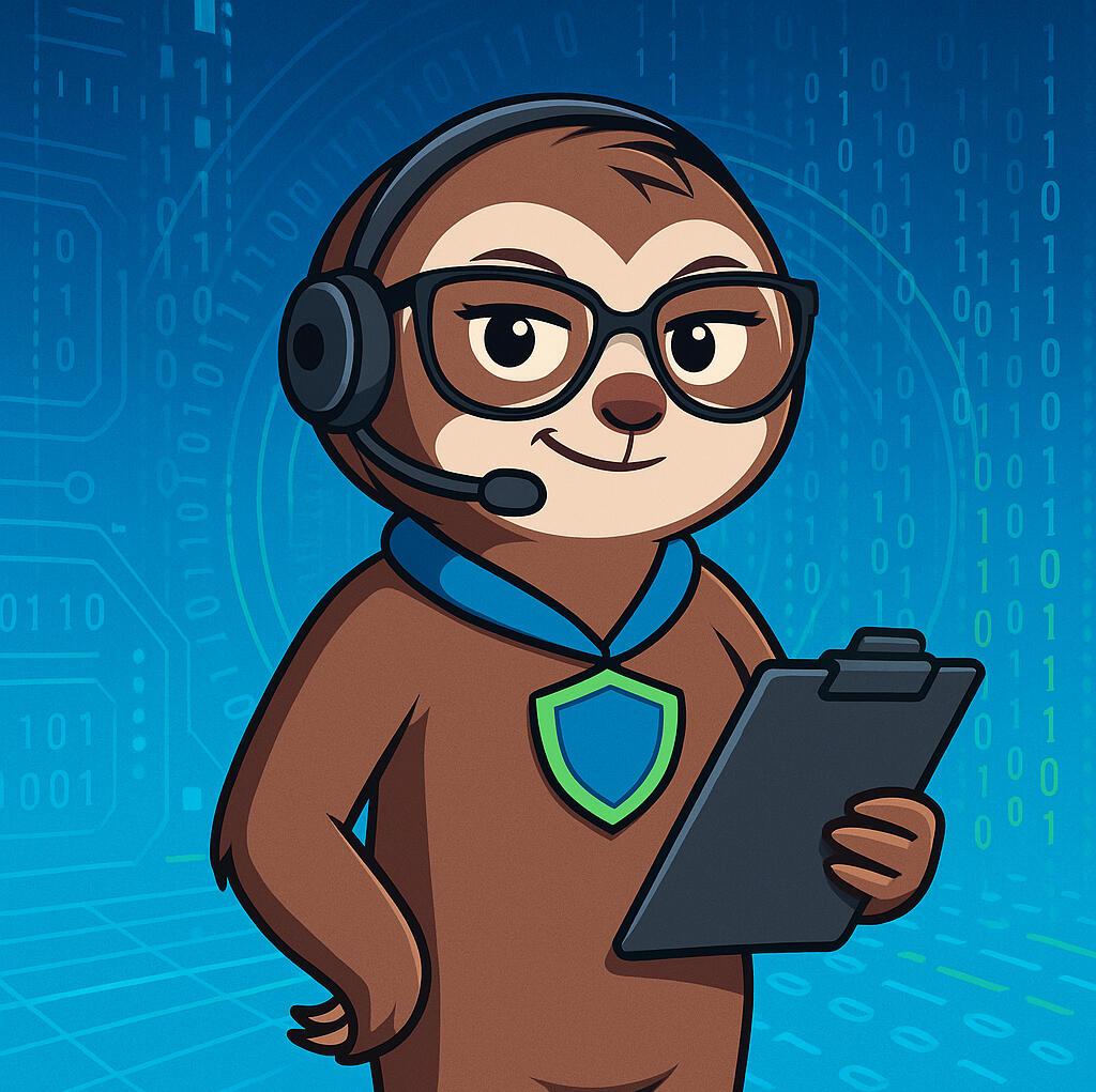 Cybersloth logo. A sloth holding an umbrella with the words cyber sloth security and technology underneath.